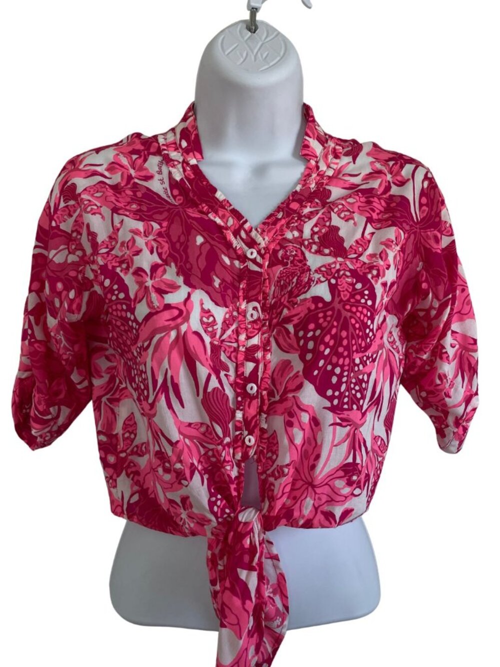 Poupette St. Barth Pink Jengel Azia Tie Front Shirt Crop Top Sz S Tropical Boho